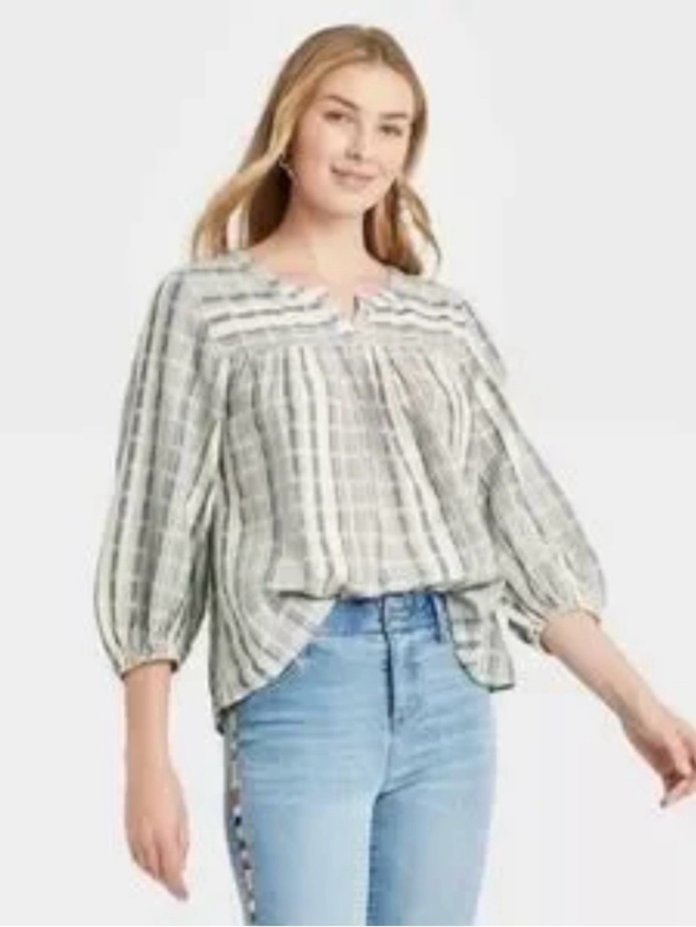 Knox Rose Chambray Denim and Cream Striped 100% Cotton Top Size Large